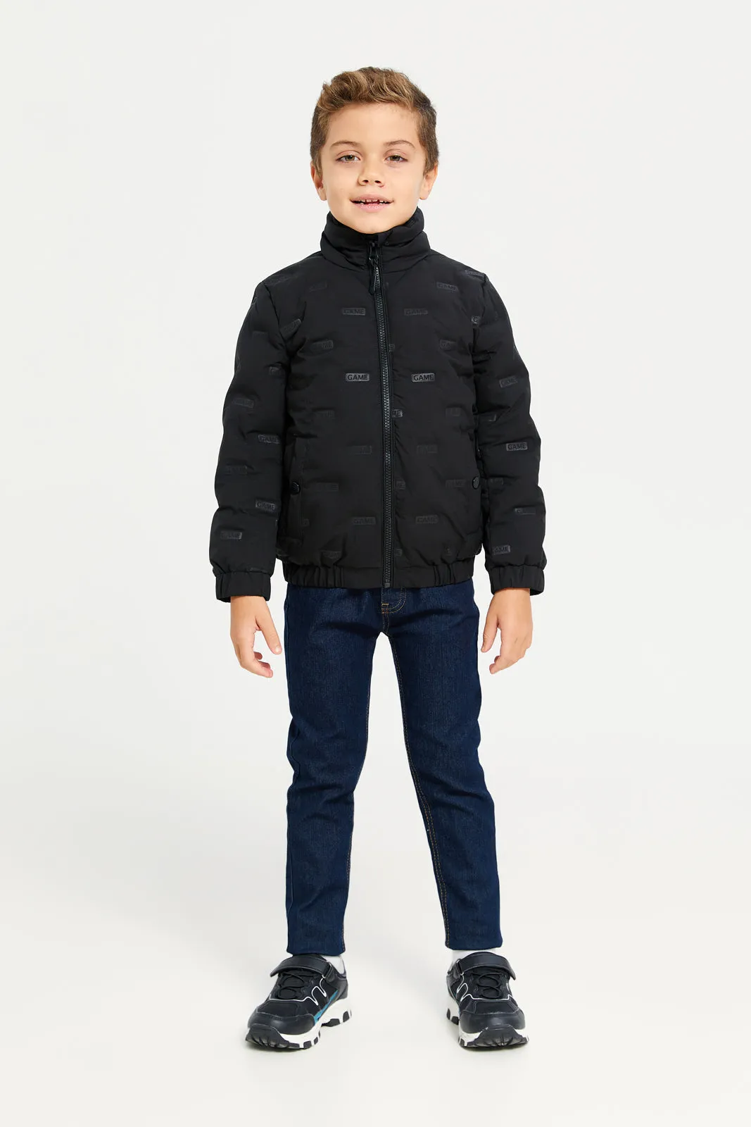 Boys Black Embossed Padded Jacket