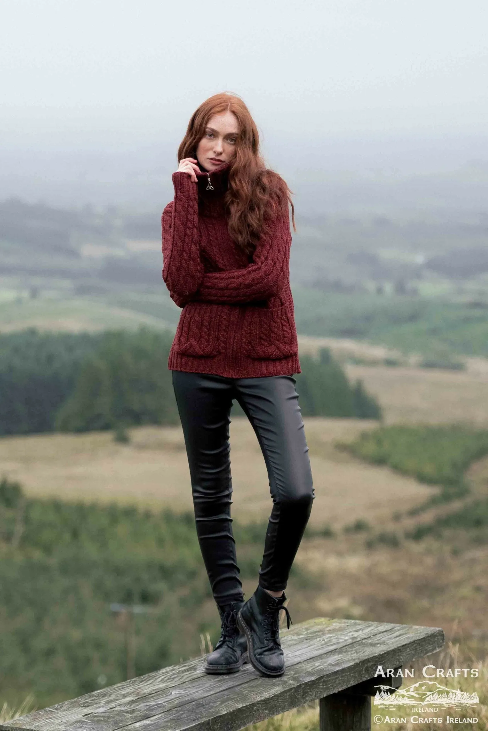Double Collar Aran Zipper Cardigan | Ember