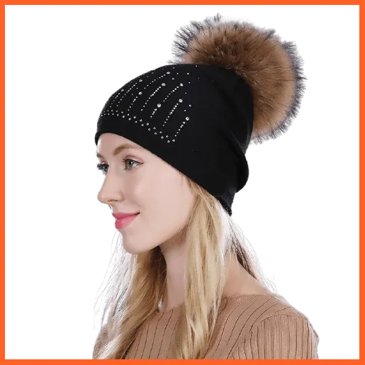Winter Hat For Women | Rabbit Fur Wool Knitted Hat Beanies Real Mink Fur Pom Poms Rhinestone Skullies Girls Hats